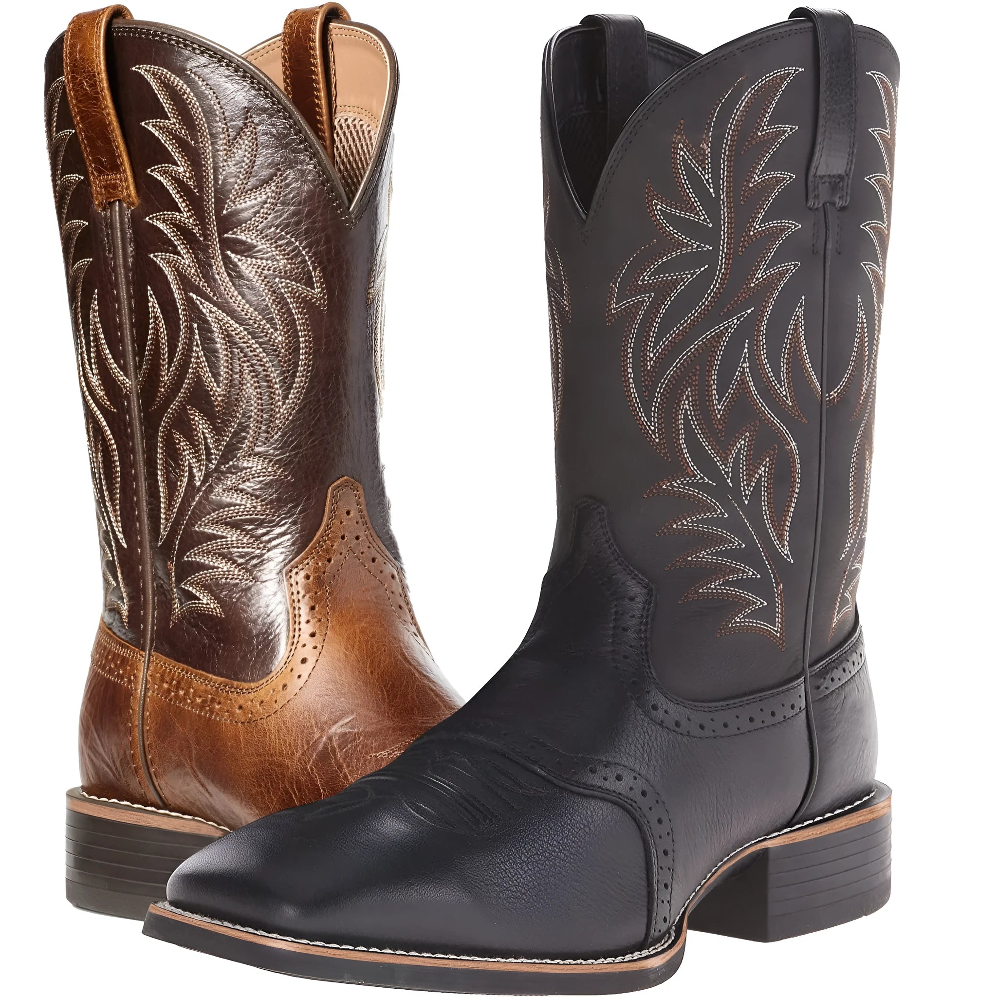 Men's black embroidered vintage Western cowboy boots with a wide square toe and low horseshoe heel.