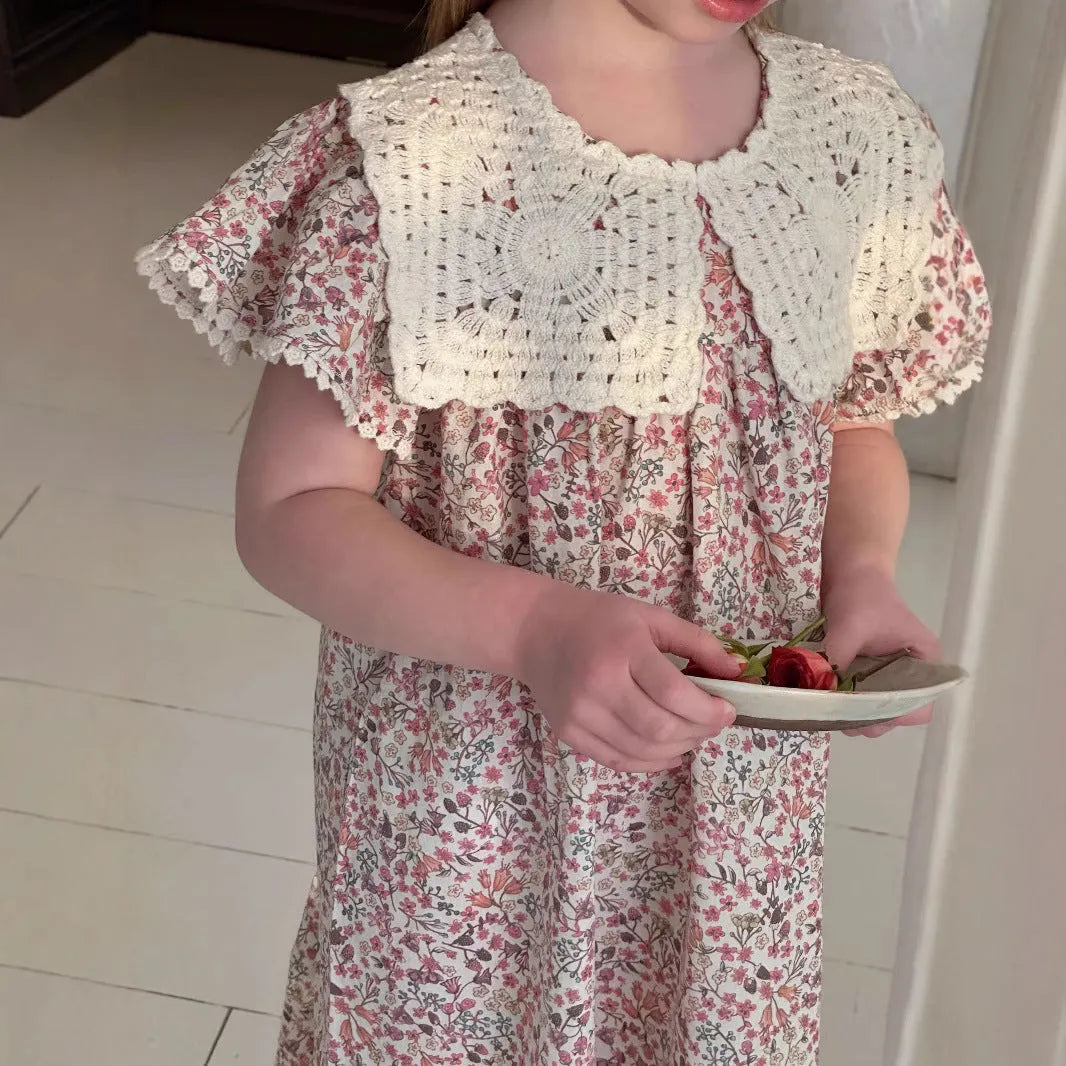 Summer cotton flounced sleeve princess dress for girls, floral pattern, A-line skirt, sizes 90-140cm