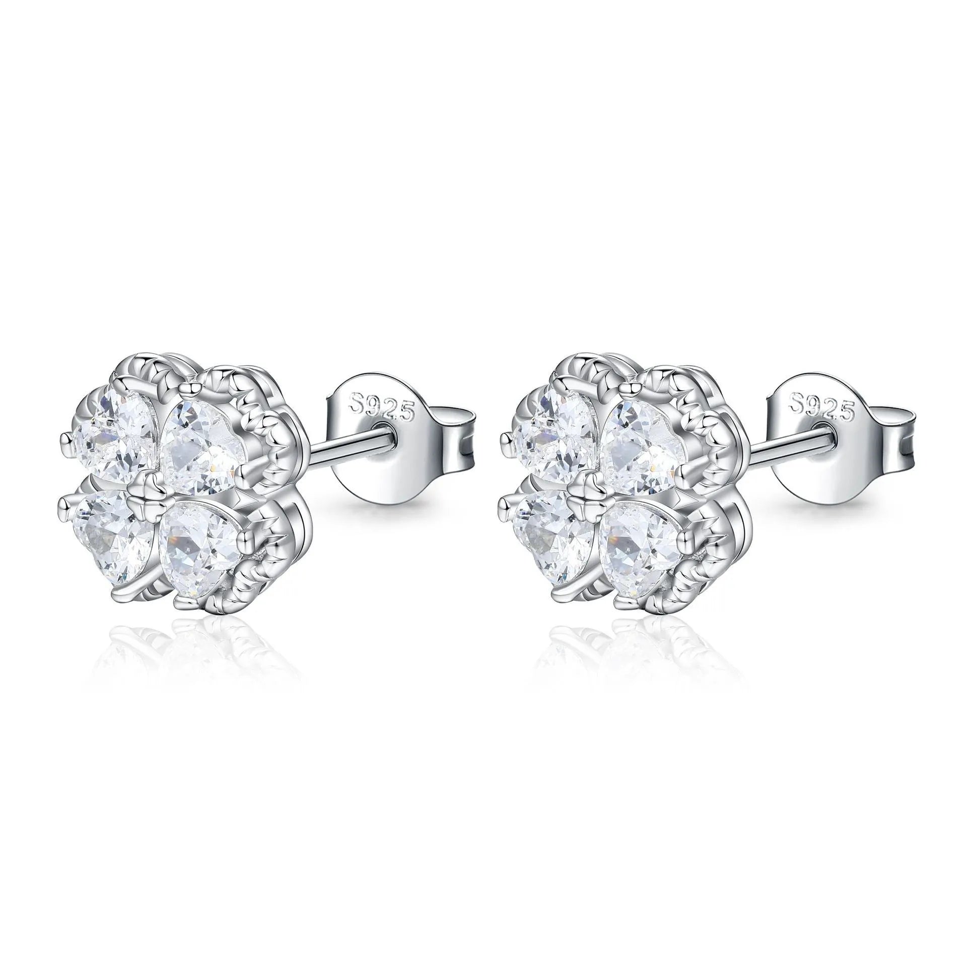 Zeng Yin women's 925 silver heart and four-leaf clover earrings with zircon stones in white gold colour.