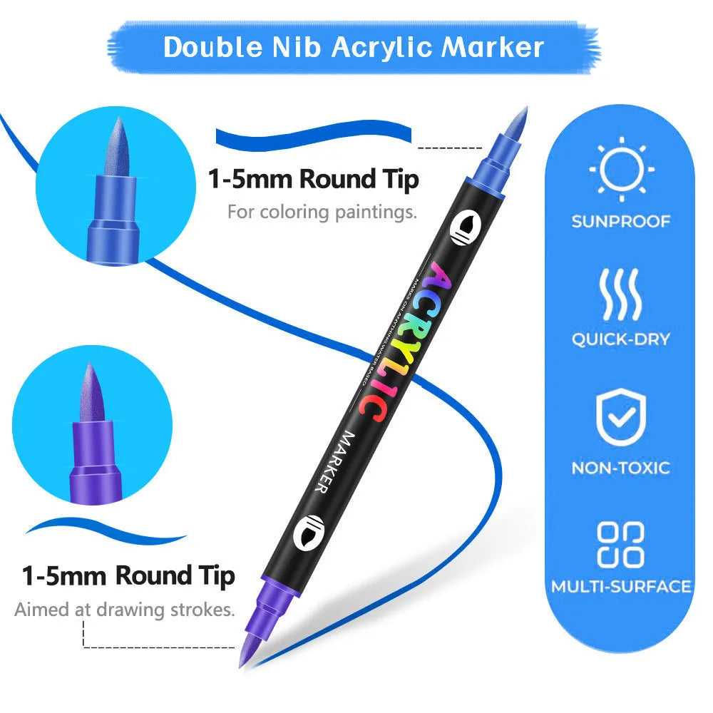 A set of double-headed acrylic marker pens with washable, quick-drying ink in multiple colours.