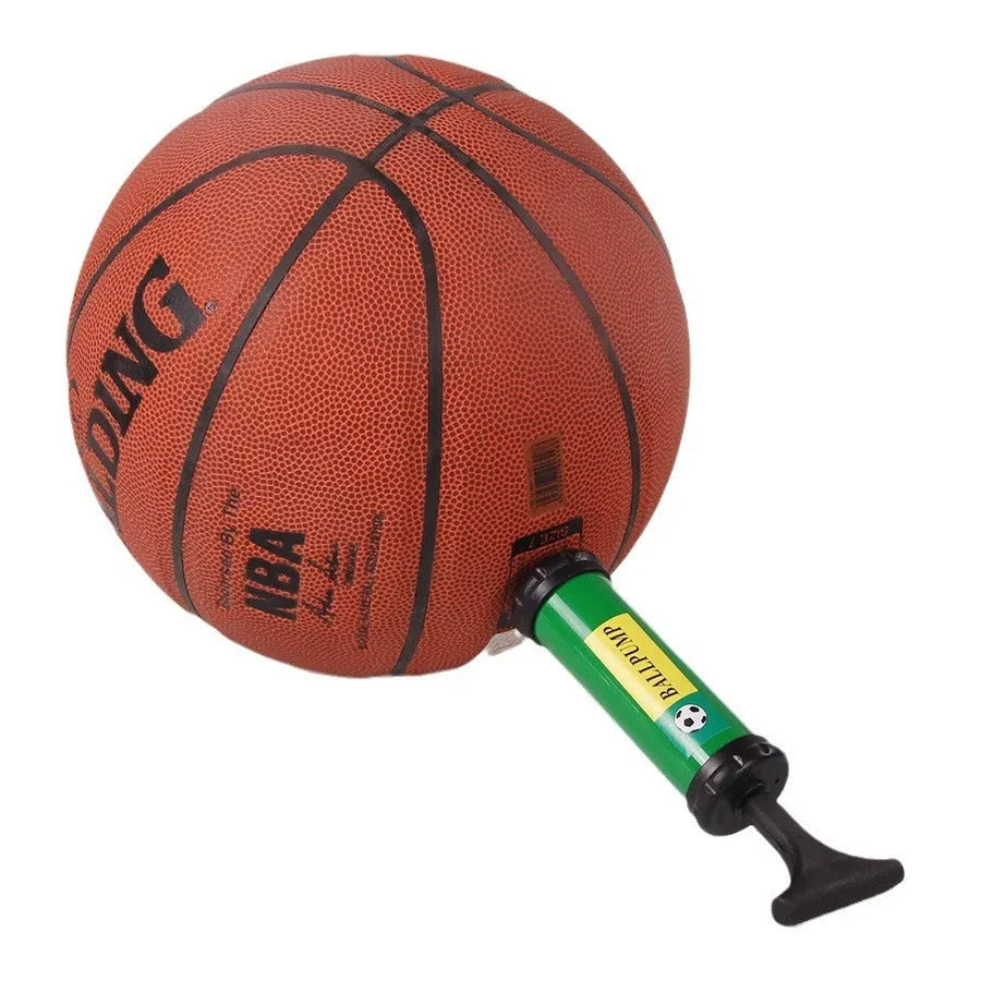 A plastic manual hand pump for inflating sports balls and balloons, shown in a mixed colour.