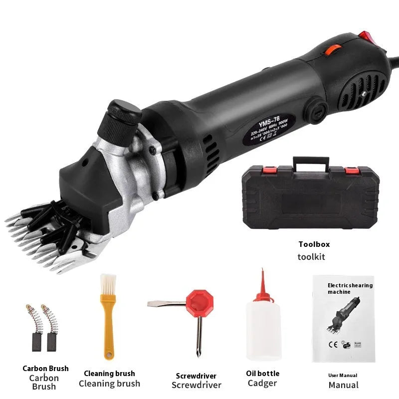 Yellow electric wool shearing handpiece with 110V plug, multiple steel blades, and maintenance tools in a plastic box.