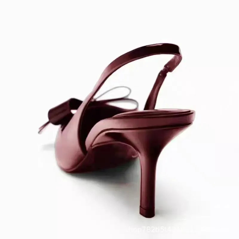 Patent leather women's high heels wine red bow open-back pointed toe rear lacing