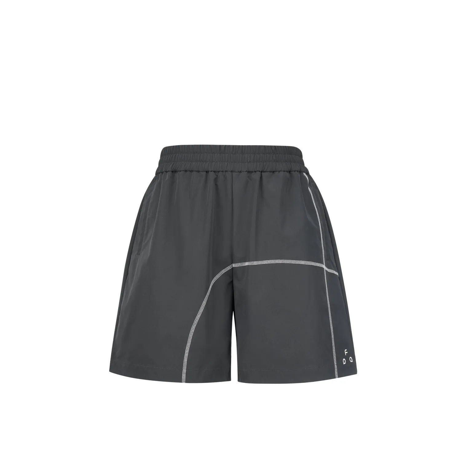 Retro drawstring shorts in polyester fabric showing dark grey, white and apricot colour options