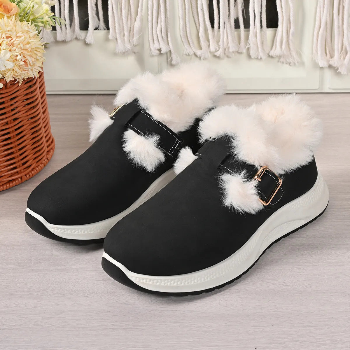 Winter women's slip-on platform fluffy cotton shoes in black with belt buckle detail