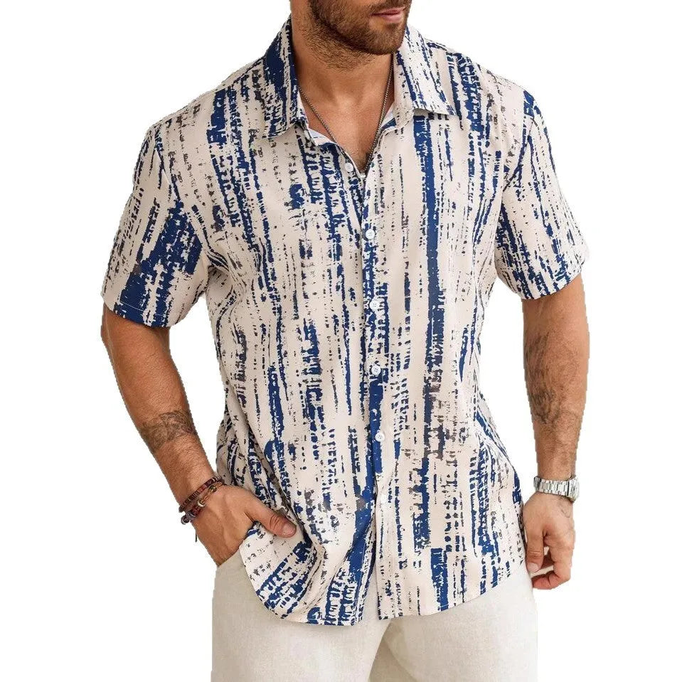 Men's short sleeve casual shirt with 3D printed stripes in apricot colour on a hanger.