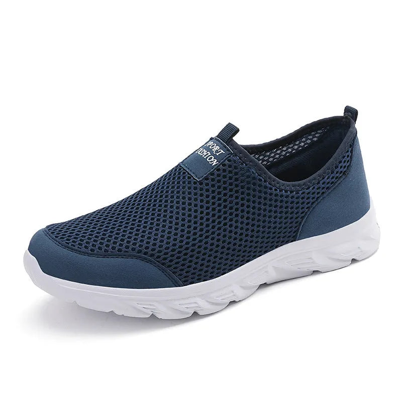 Large size mesh low-top casual sneakers with EVA sole, round toe, and sewing thread detail in grey, dark blue, black and white, or all black.