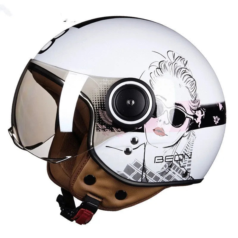 Retro battery car half helmet in ABS plastic showing colour options including bright blue red and matte black orange