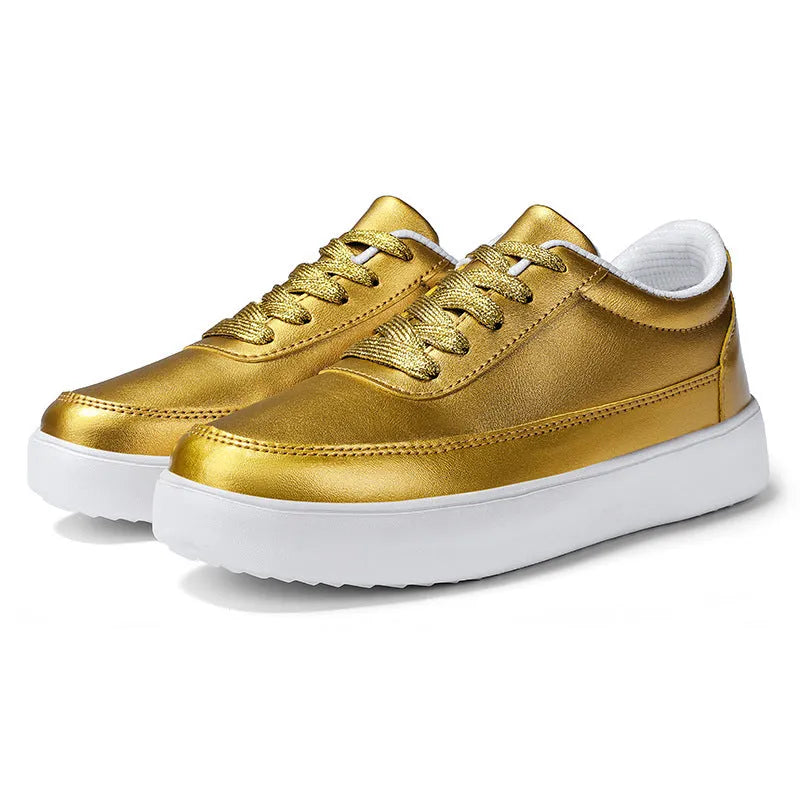 Women's white leather casual flat lace-up shoes on a neutral background, showing front and side views.
