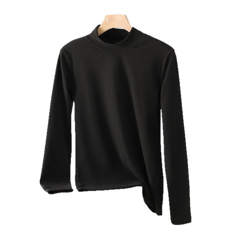 Women's fleece-lined half high-necked long sleeve bottoming shirt in black on model