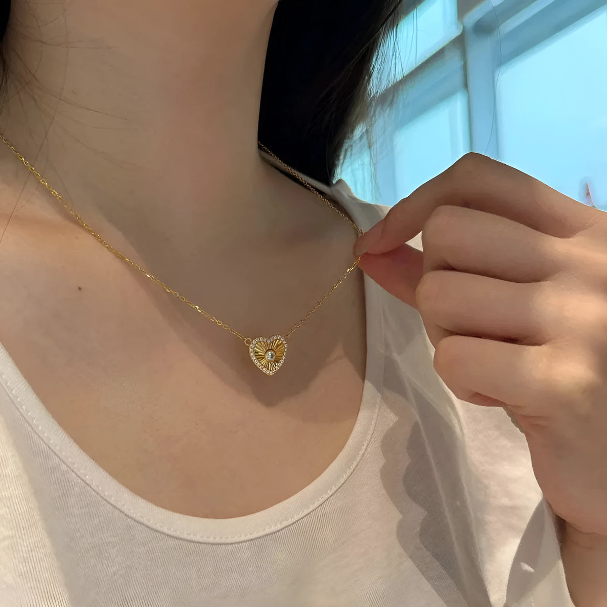 Gold colour 925 sterling silver necklace with retro heart and totem pendant on a clavicle chain