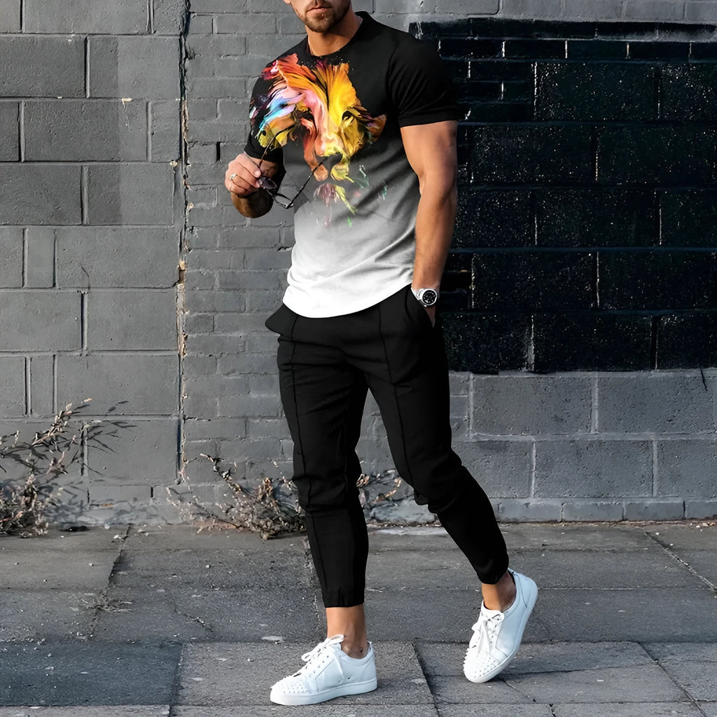 Men's short-sleeve printed tracksuit set with round neck pullover and matching trousers in polyester blend fabric
