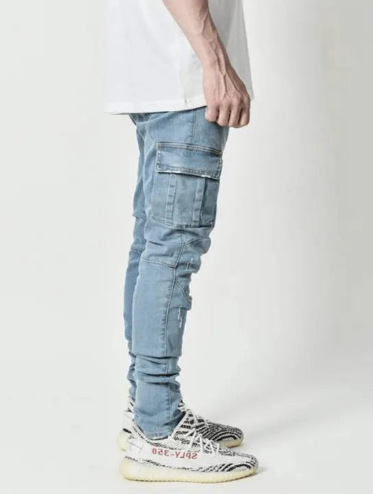 New skinny jeans for men with side pockets and feet, light blue water-washed cotton denim, micro-elastic stretch skinny fit