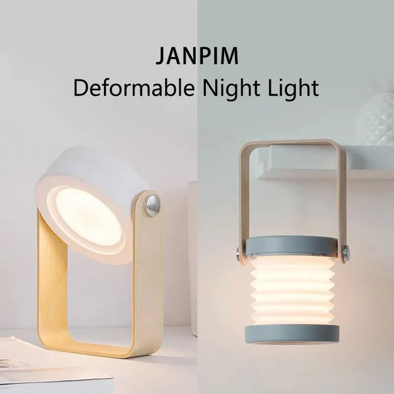 Foldable touch dimmable LED reading lamp in white showing table and lantern configurations