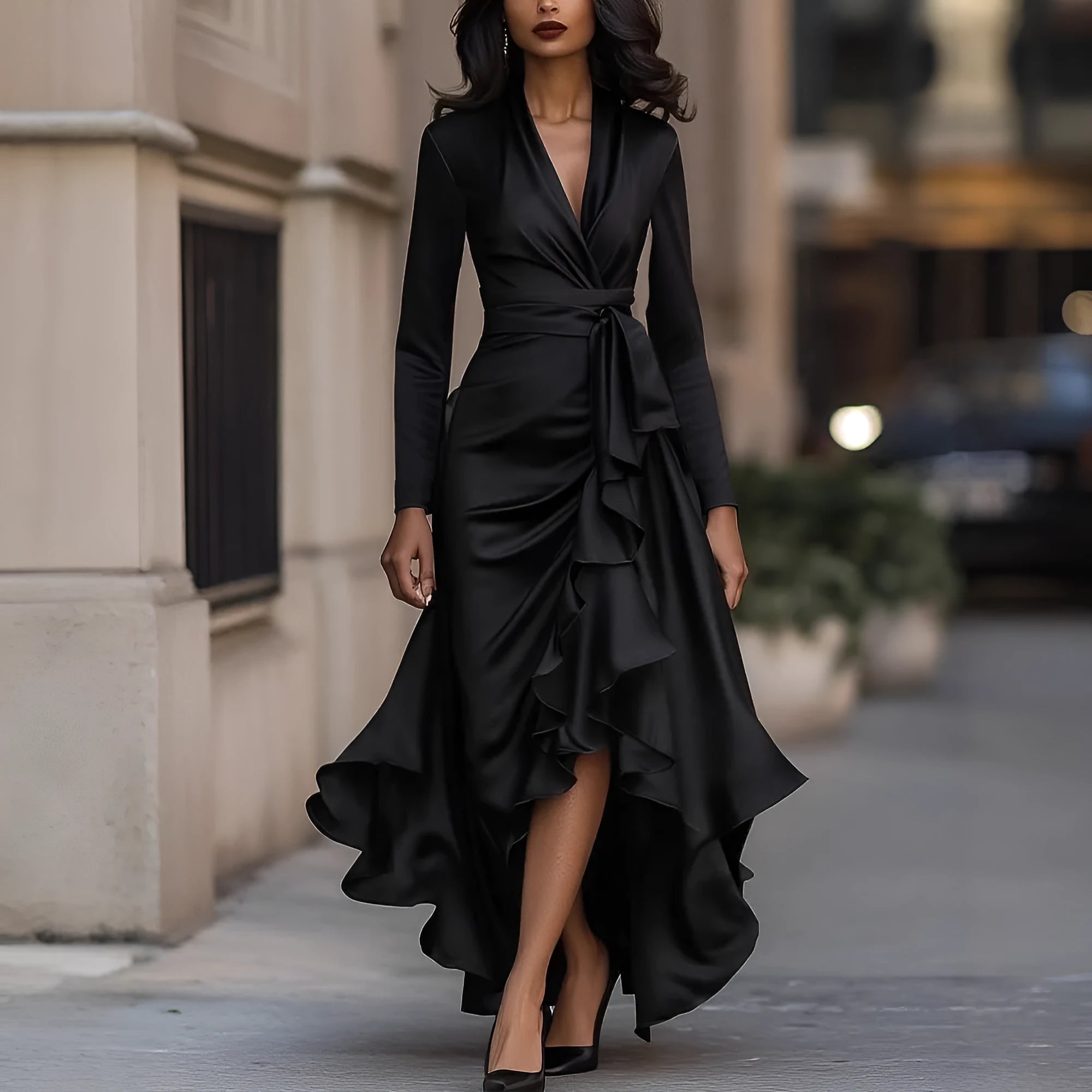 V-neck waist trimming ruffle dress with asymmetric high waist skirt in navy blue