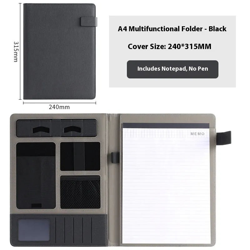 Black leather A4 business folder with 35mm thick sides, shown open on a desk.