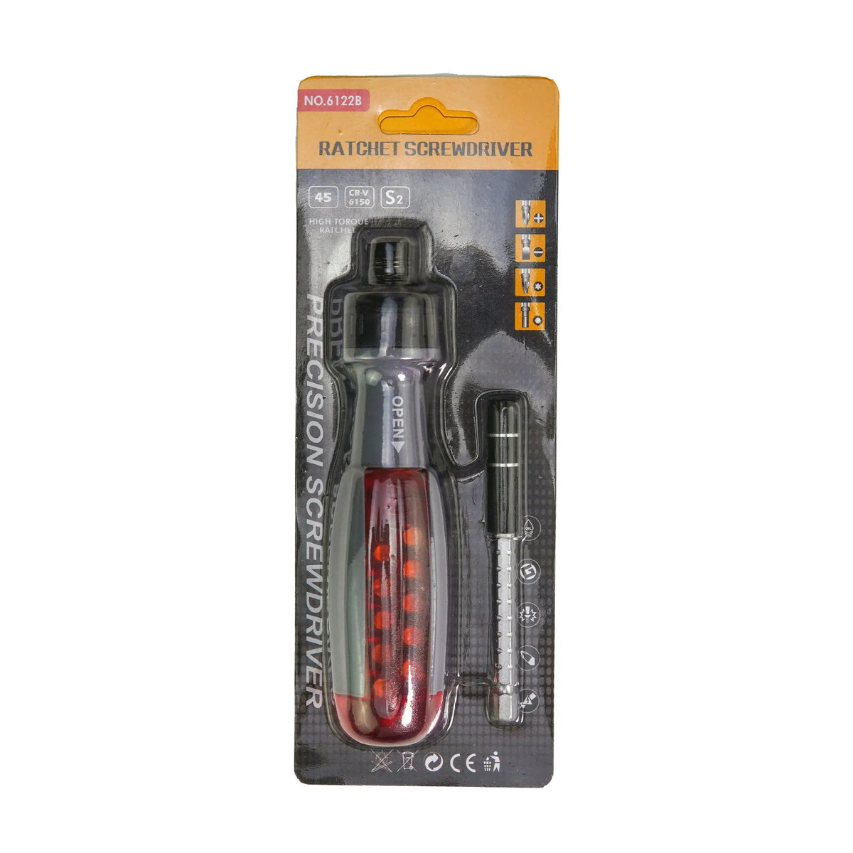 Ratchet screwdriver with retractable shaft, chrome vanadium steel bits, and ABS handle