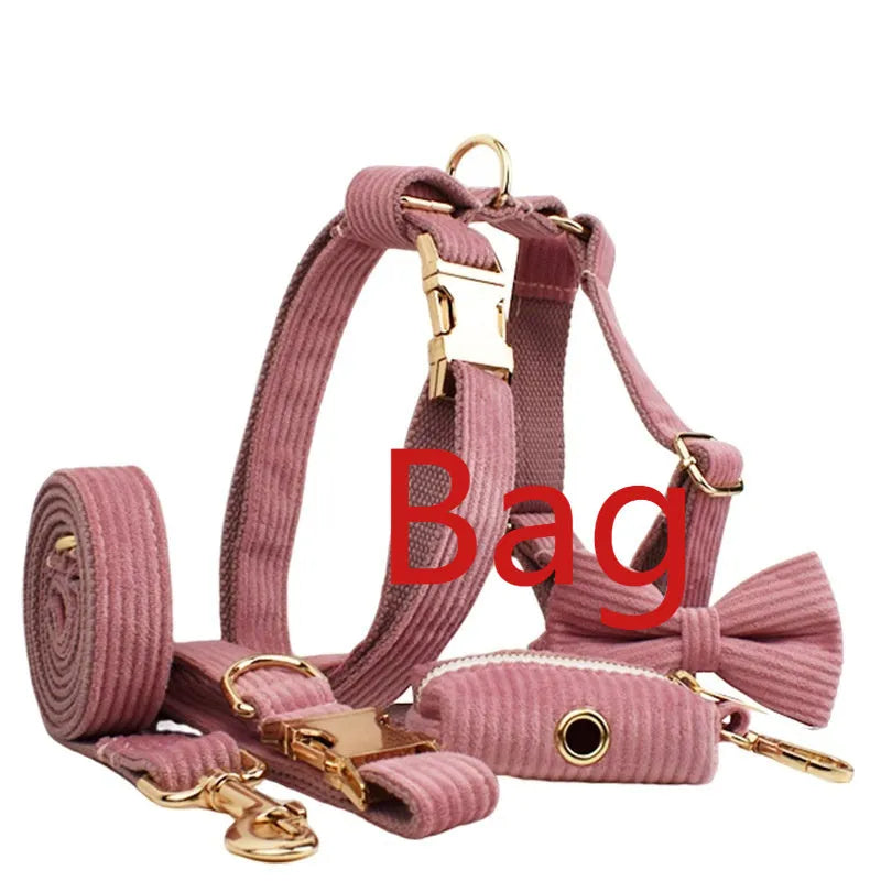 Corduroy dog collar and matching five-piece accessory set with leash, vest, bow, and bag in coordinated colours