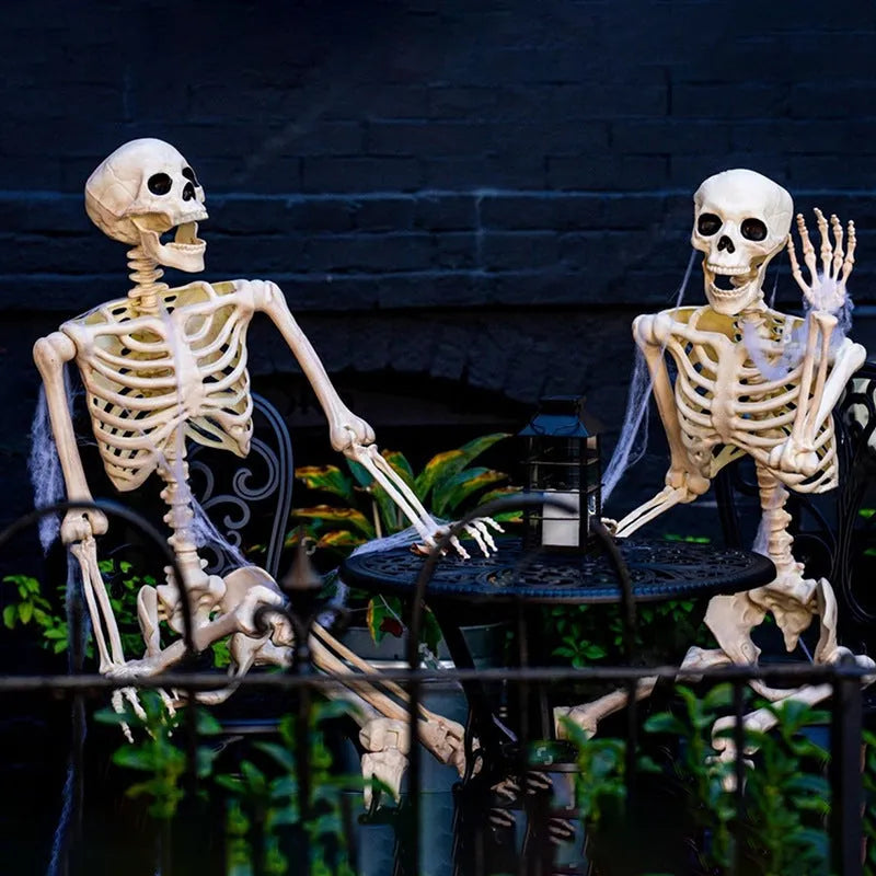 90cm tall posable plastic skeleton Halloween decoration on a white background