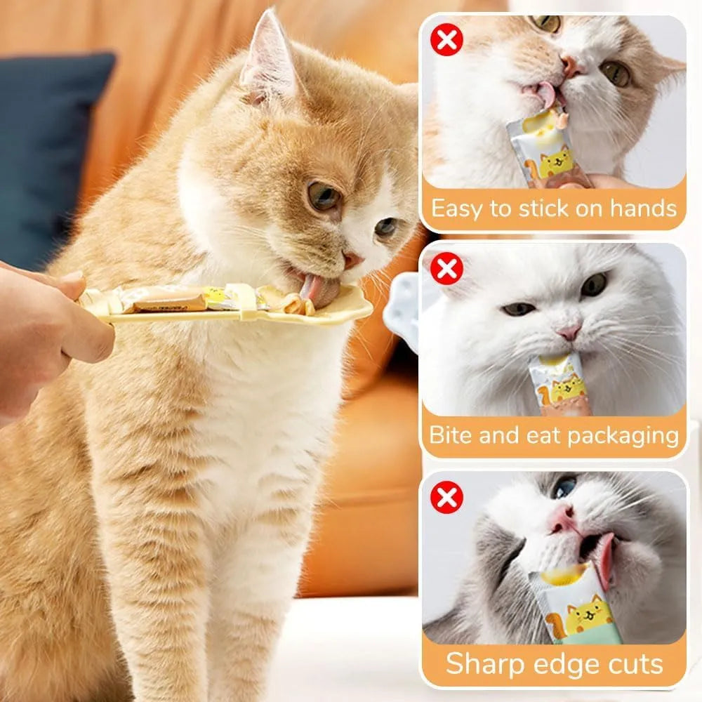 Cat claw shaped cat food feeder squeeze tool with sliding squeezer and anti-spill spoon in blue