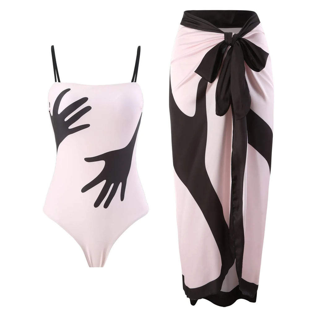 Women's patterned bikini with tulle skirt swimwear set in polyester fabric