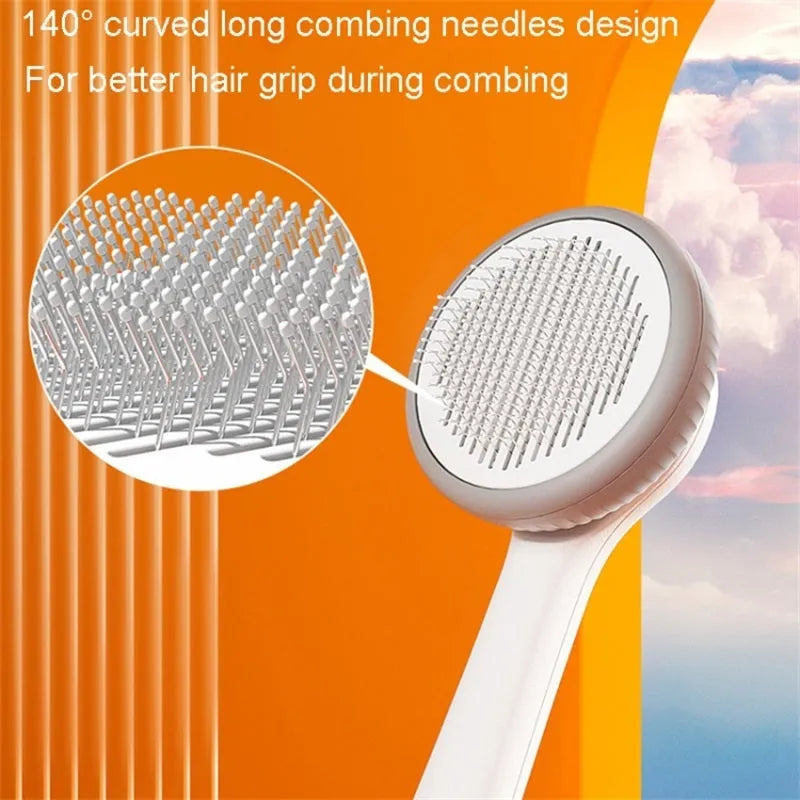 Blue and white self-cleaning slicker brush for grooming cats and dogs on a neutral background.