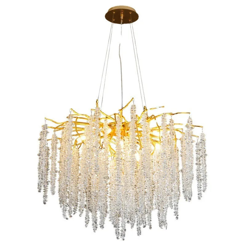Modern crystal chandelier with adjustable height and LED lighting in a light luxury style.