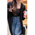Women's long grey knitted cardigan with hood in a loose Korean-style fit