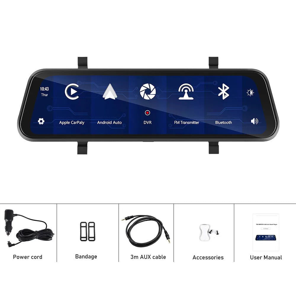 9.66-inch HD car dash cam with touch screen displayed on a car windscreen.