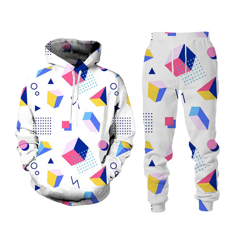 3D printed sports hoodie and long pants set for men, loose fit, black colour