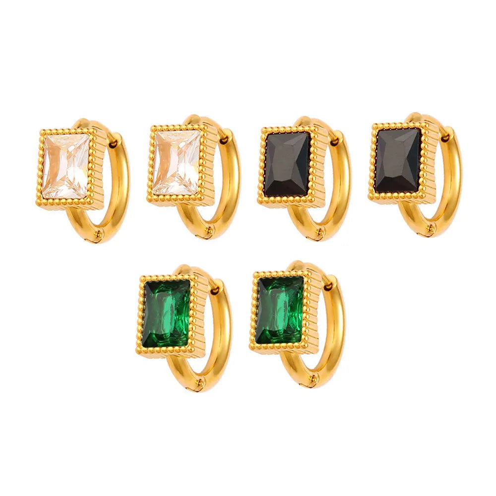 Square geometric zircon earrings in stainless steel with white, black or green electroplated finish