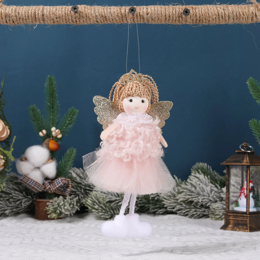 Cartoon angel girl cloth hair pendant with crown and high ponytail in white, pink, and khaki.