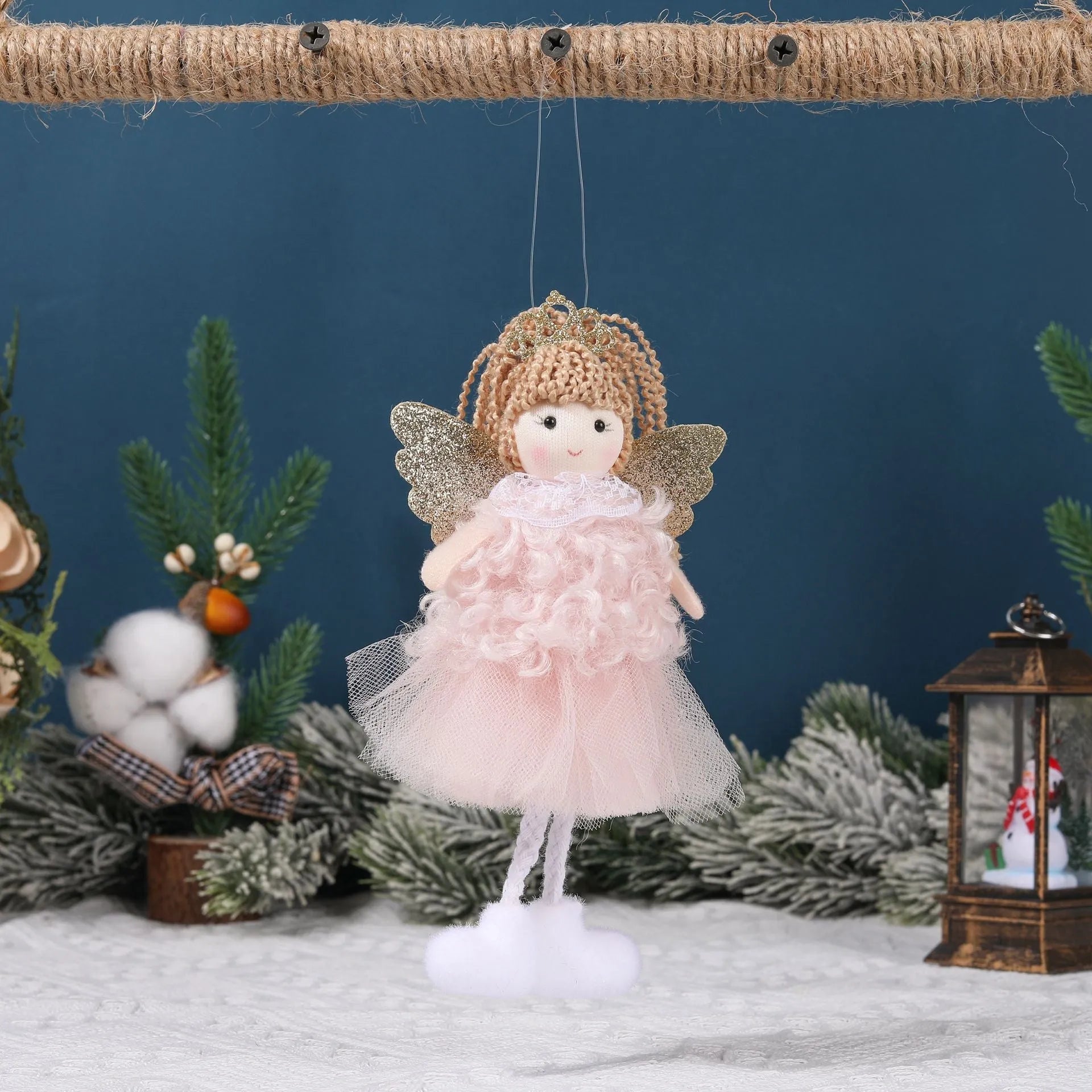 Cartoon angel girl cloth hair pendant with crown and high ponytail in white, pink, and khaki.