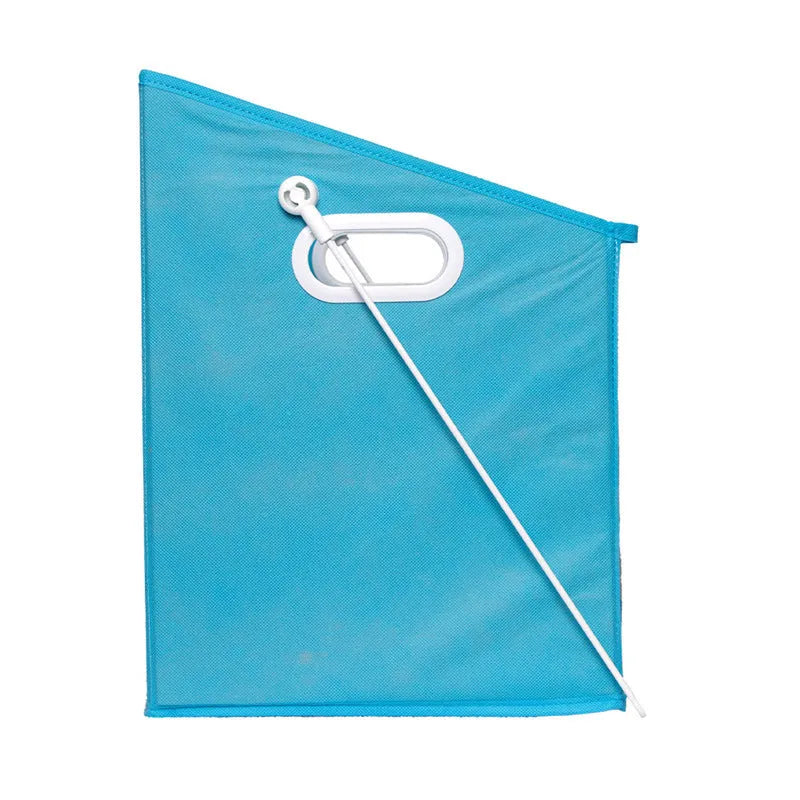 Blue folding detachable storage basket with clear front panel on a shelf, showing lift-up rod.