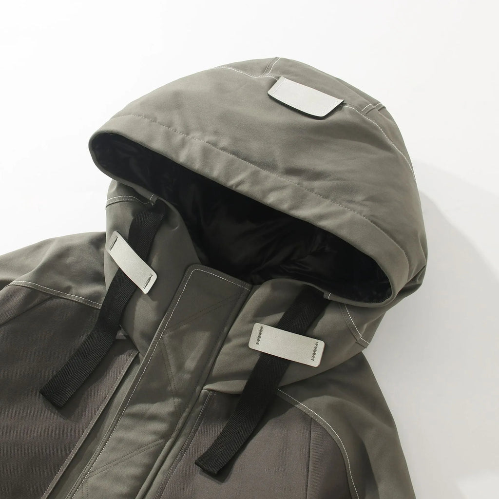 Men's hooded down jacket in apricot, loose medium-length cut, white duck down filling, front zipper