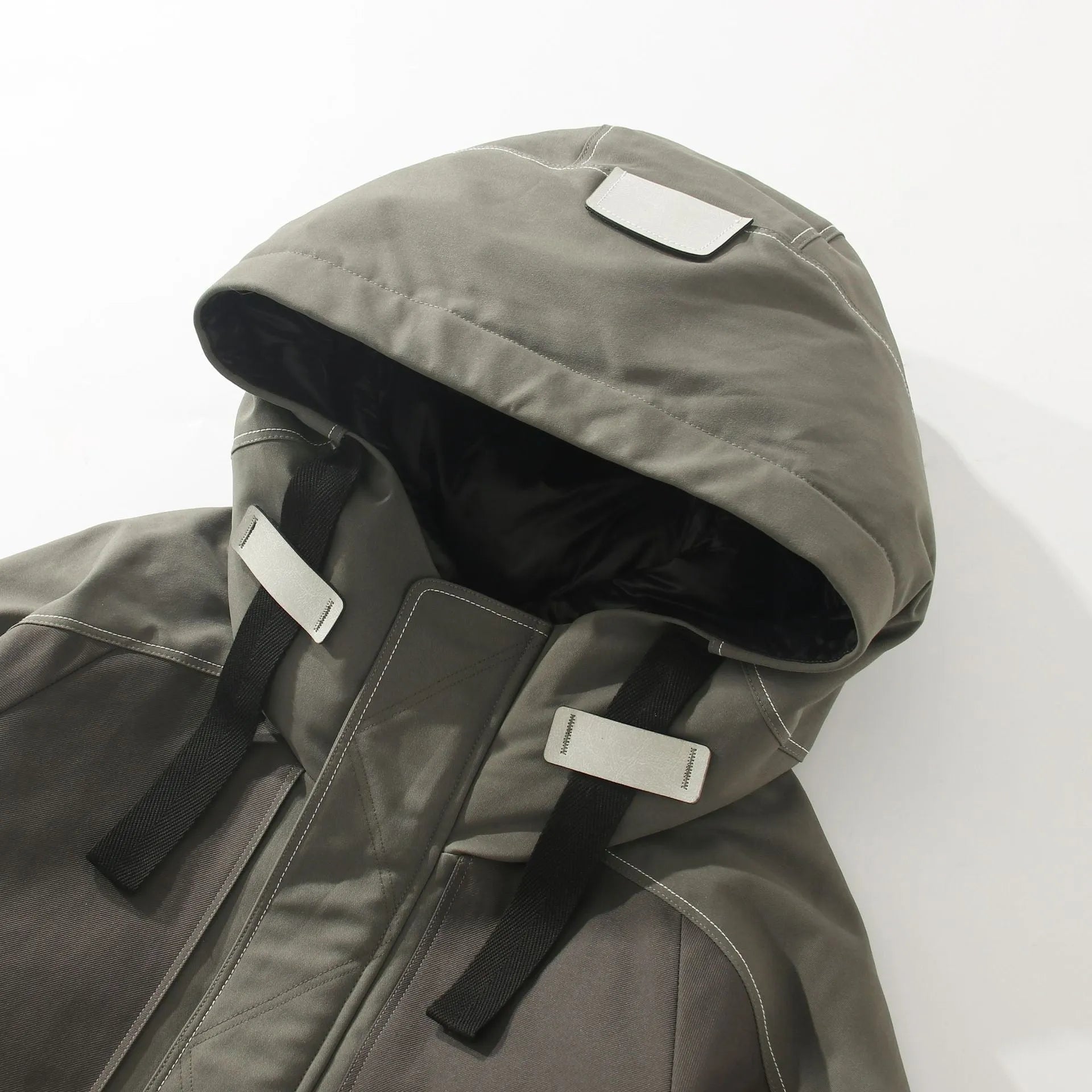 Men's hooded down jacket in apricot, loose medium-length cut, white duck down filling, front zipper