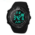 Black waterproof men's electronic watch with large dial on adjustable PU strap.