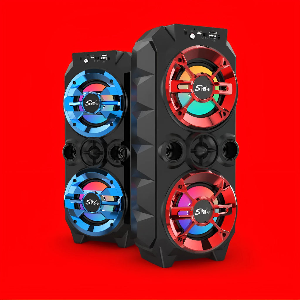 Portable Bluetooth speaker with colour lights and pull rod handle in blue, red, or silver grey finish