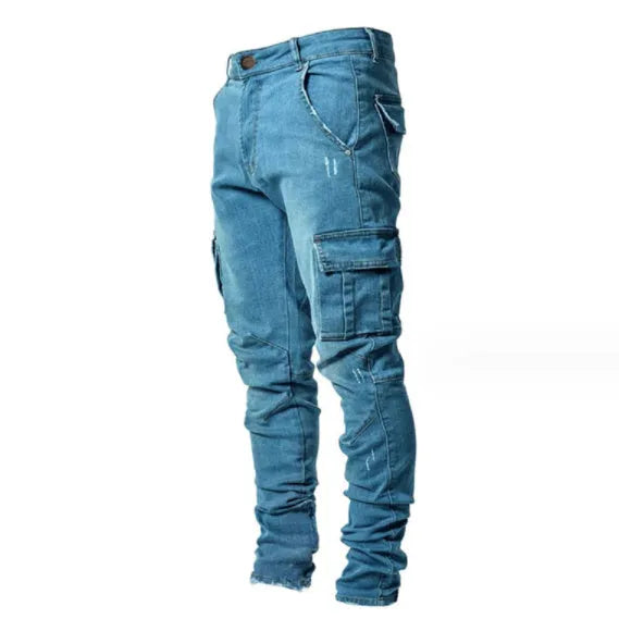 New skinny jeans for men with side pockets and feet, light blue water-washed cotton denim, micro-elastic stretch skinny fit