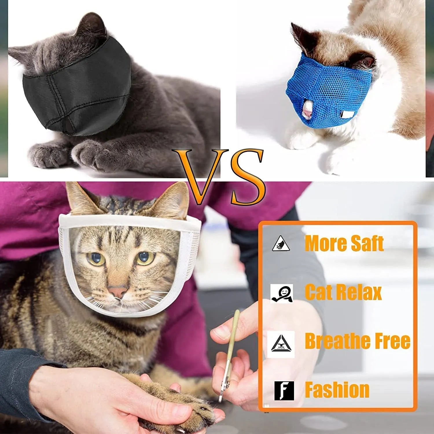 Clear transparent cat muzzle with breathable cotton construction and central breathing hole