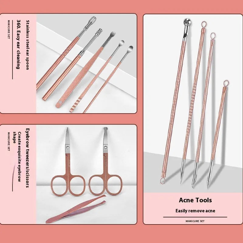 30-piece stainless steel nail beauty tool set in five colour options showing various manicure implements