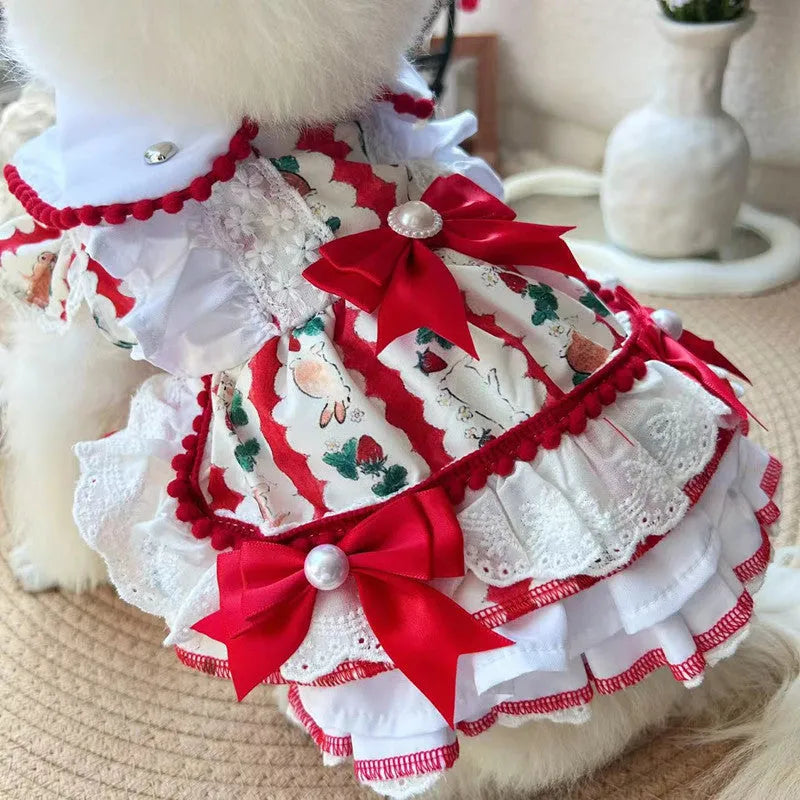 Small white dog wearing a pink rabbit skirt princess dress, showing flared shape and fit.