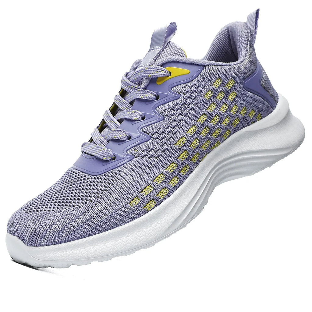 Women's Lavender Purple Flyknit running shoes with mesh detailing and a striped pattern on a white background.
