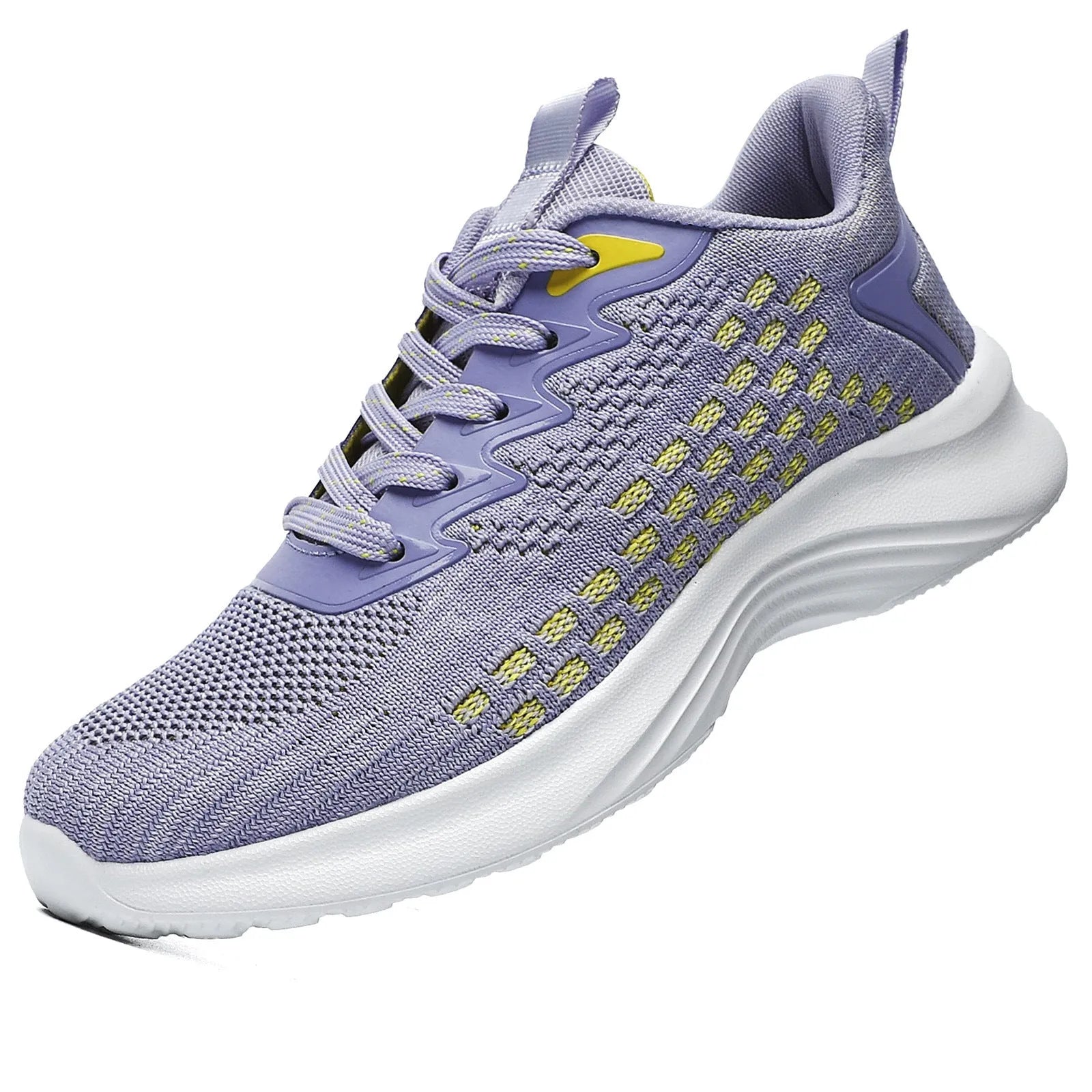 Women's Lavender Purple Flyknit running shoes with mesh detailing and a striped pattern on a white background.