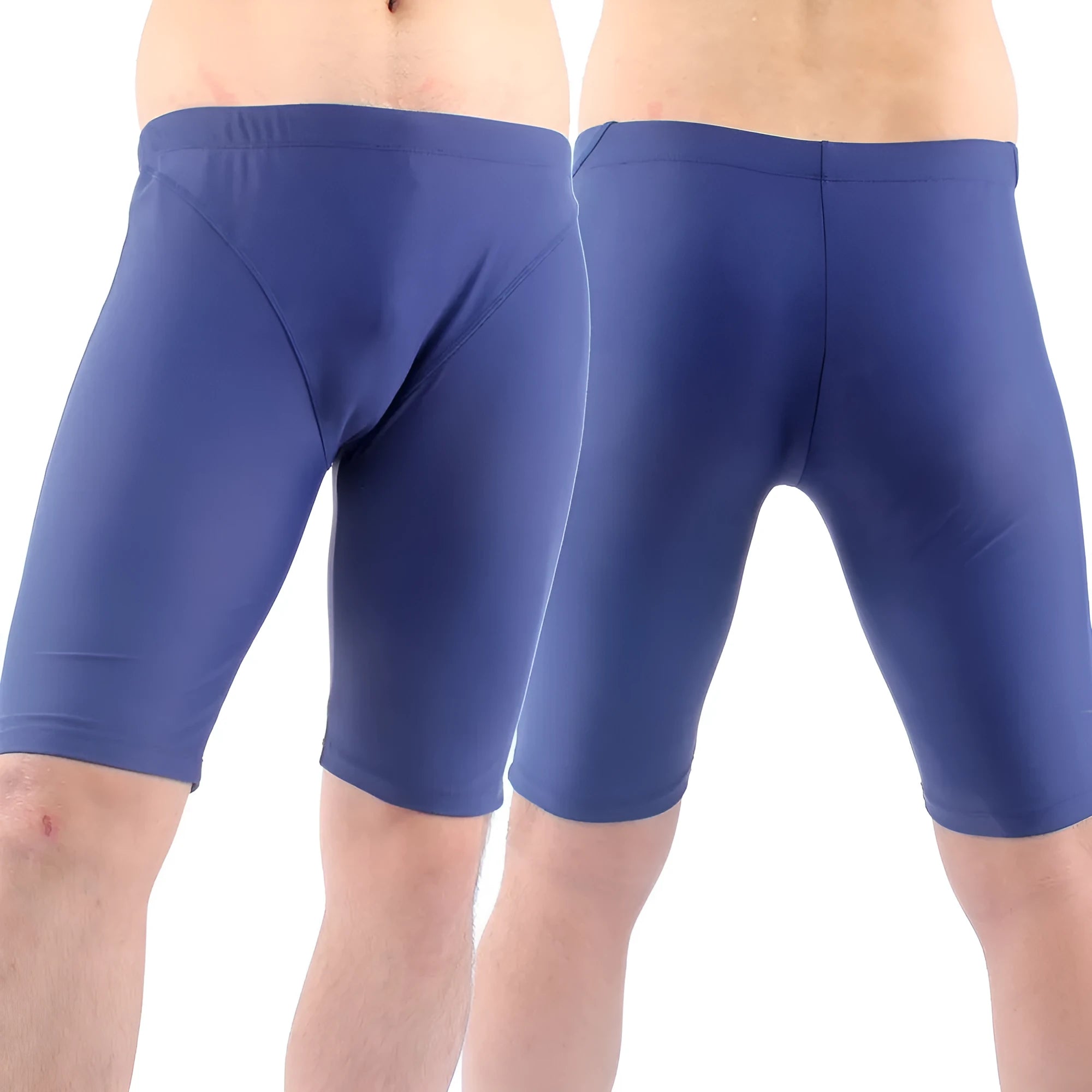 Men's green and navy blue quick-drying nylon swimming trunks with loose anti-embarrassment design