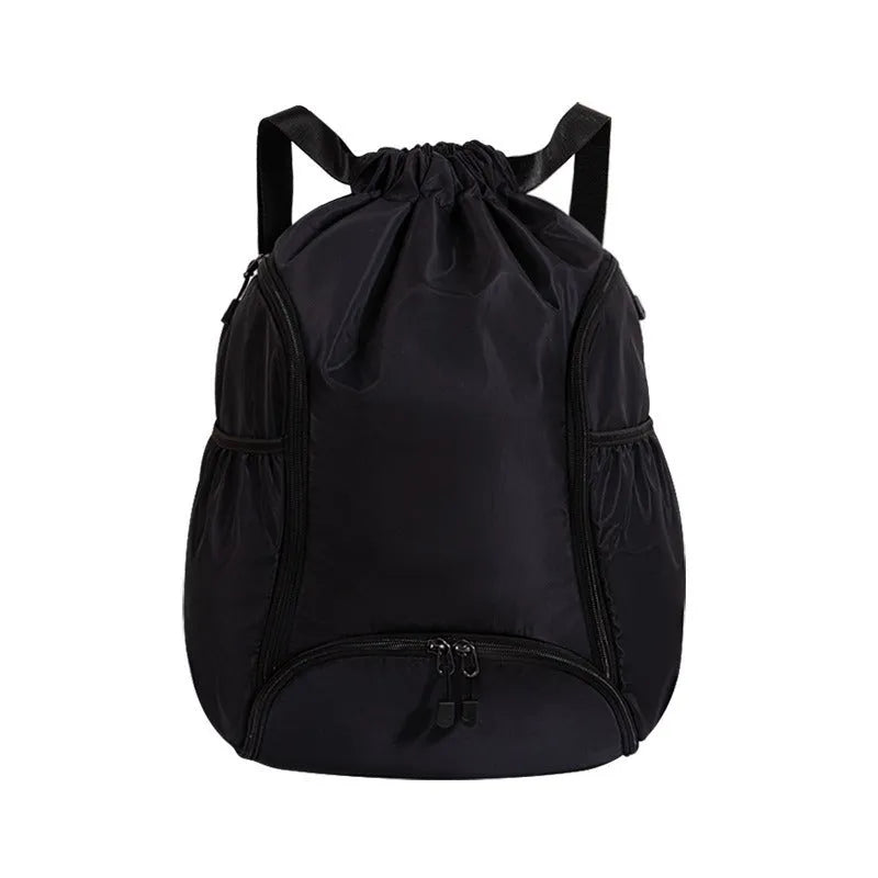 Large black cube-shaped sports backpack with a drawstring top closure, shown on a neutral background.