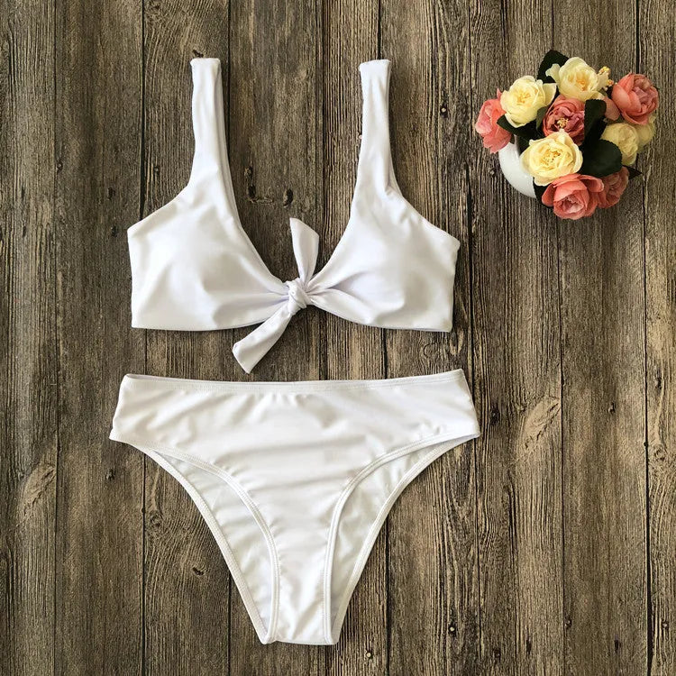 Women's solid colour bikini set in polyester with high-cut briefs, shown in wine red.
