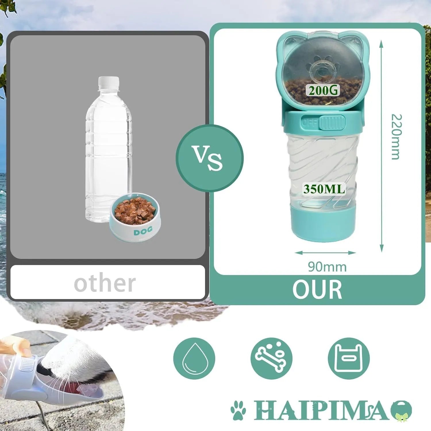Green 3-in-1 portable pet water bottle with food container, waste bag dispenser, and carrying strap.