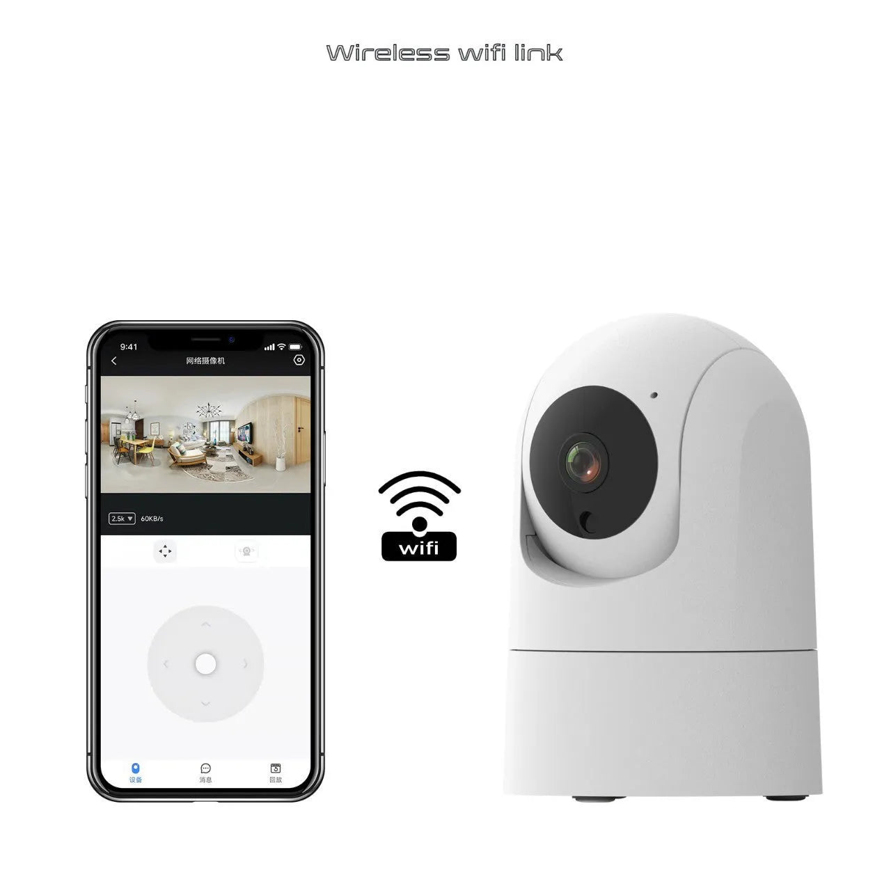White indoor security camera on a shelf with 1080p HD, two-way audio, and dual-band Wi-Fi.