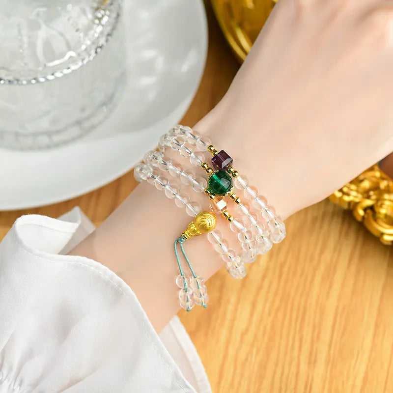 White crystal 108 bead rosary bracelet with geometric mala beads in ethnic unisex style